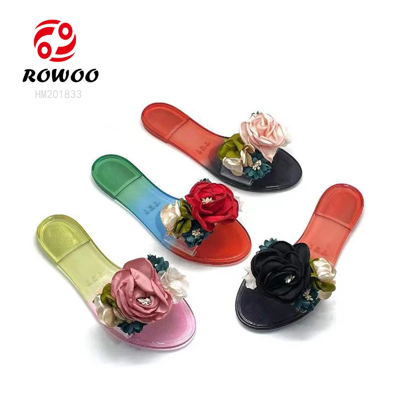 Hot Sales New Design Lady Candy Shoes Rose Flower Luxury Wedding PVC Jelly Stylish Fashion Sandals slippers for Women