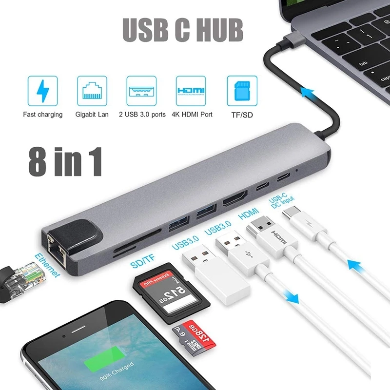 Usb Type C Hub 8 In 1 Usb Hub Multi Function Adapter For Macbook Pro