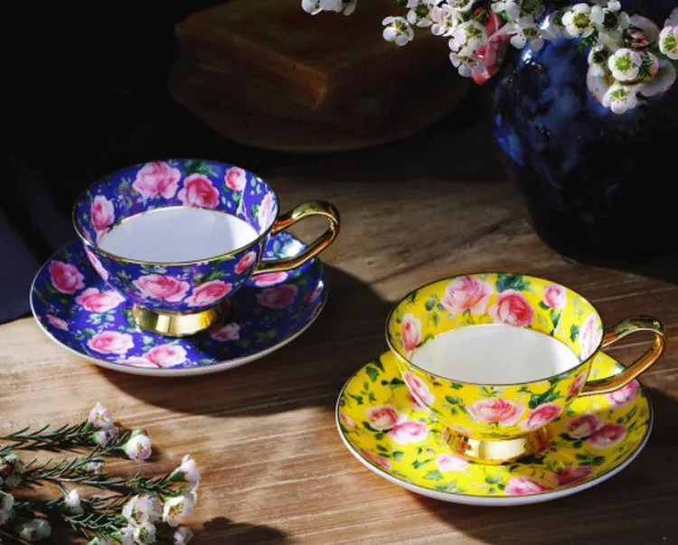 Stechcol Nordic Luxury Gold Caffe Latte Mug Set Ceramic Fine Bone China Vintage Coffee Cup With