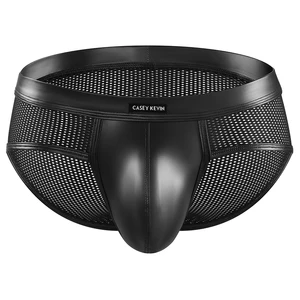 Breathable Sexy Transparent Mesh Brief PU Leather 3D Pouch Elastic Waistband Polyester Men's Synthetic Leather Briefs for Gay