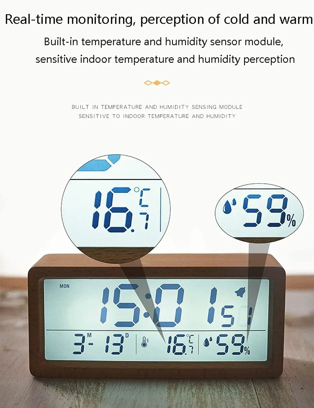 Safety and Environmental Sleeping Solid Wood Retro Large Screen Led Portable Temperature Humidity Silent Digital Desk Clock
