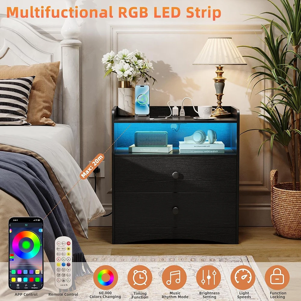 product nu deco modern wooden nightstand charging station led light usb ports 2 storage drawers small bedroom dresser for small spaces-5