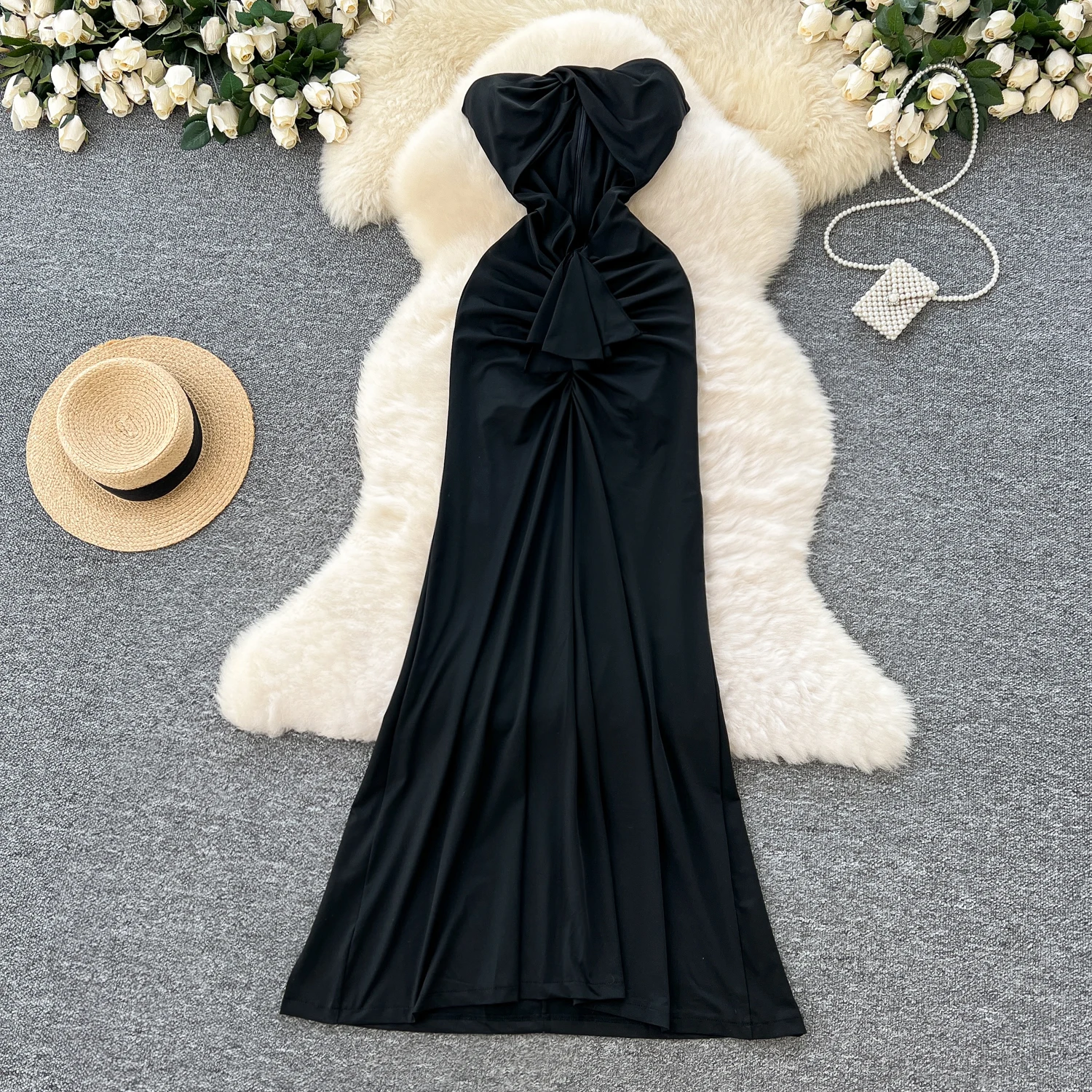 2025 Spring Elegant Strapless Tunic Pleated Midi Dress For Women Sleeveless Empire Hollow Out Lace Dress 2025 Spring Elegant Strapless Tunic Pleated Midi Dress For Women Sleeveless Empire Hollow Out Lace Dress