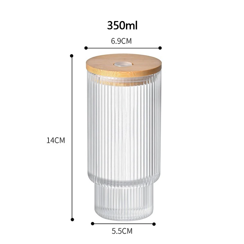 Vertical Stripes Transparent Glass Cup with Bamboo Lid and Straw 350ml Empty Glass Milk Tea Cup Cold Brew Coffee Glass Mug