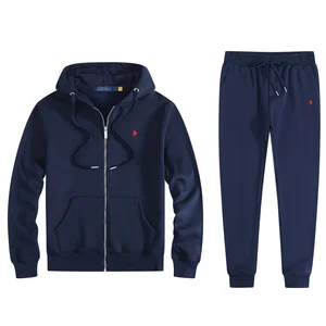 Custom High Quality Fashion Casual 100% Cotton Men's Zipper Hoodie Jacket and Pants Men's Jogging Tracksuit Set Ralph