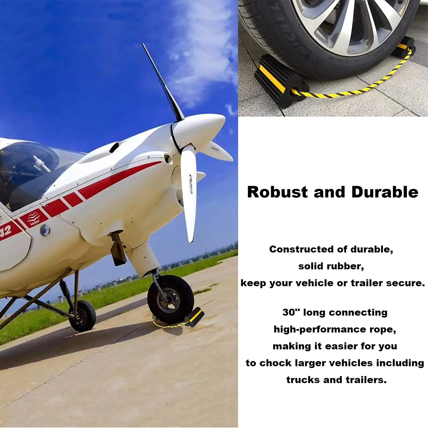 Heavy-Duty Aircraft Rubber Wheel Chock Durable Ploy Rope for Aircraft Truck RV Travel Trailer Helicopter for Car Parking Lot supplier