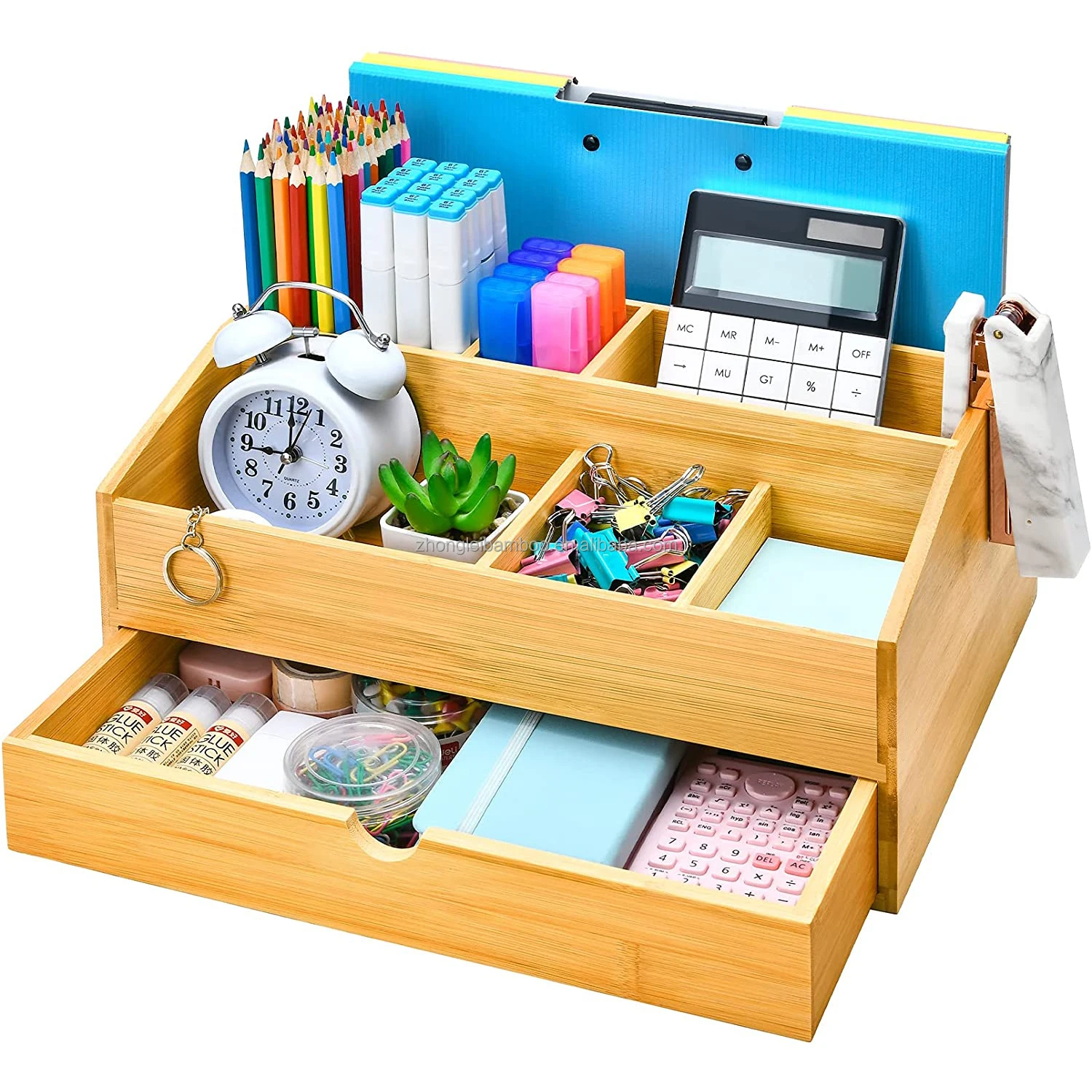 Multifunctional Bamboo Wood Desk Organizer With Drawer Desktop File ...