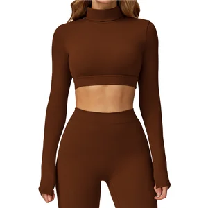 Women's Long Sleeve Crop Top High Neck Open Back Activewear for Gym Fitness Workout Yoga Athletic Sports Top with Trendy Cutout