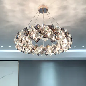 Nordic Modern square Crystal Luxury Pendant Light Chrome LED Hanging Lights K9 Crystal Ring Chandelier