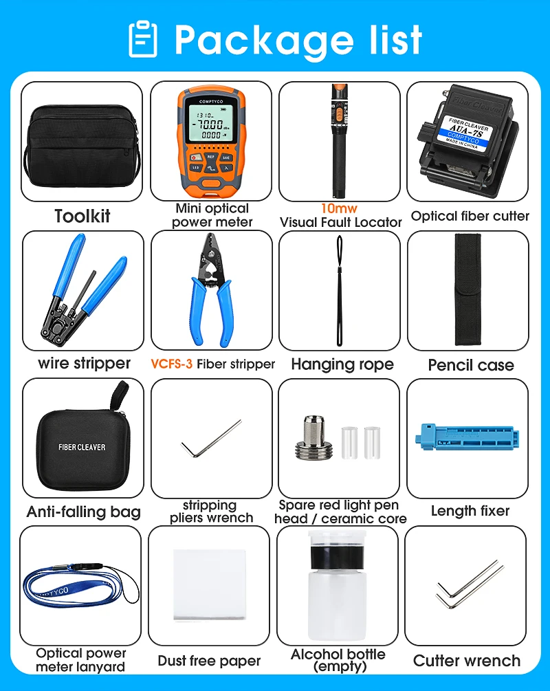 COMPTYCO AUA-M7 cable tool set Optical fiber cutter Optical power meter -70+~10dbm Visual fault locator Optical fiber tool kit details