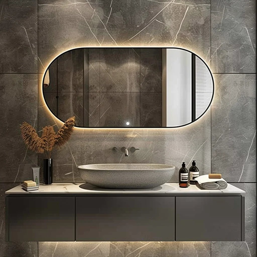 壁掛け式化粧鏡 半円照明バックライト付き LED バスルームミラー、3 色のライト (3000K-6000K) 付きスマートメイクア Xxbbyubo  バックライト 不規則 ミラー モダン 防曇 浴室鏡 LED 浴室 防水 化粧鏡 半円 大型 お風呂鏡 3色調整 ス Xxbbyubo LED 浴室鏡  楕円形 曇り止め ... オーバルライト付き化粧台メイクアップミラー スマートLEDバスルームライト付き 3色調光バックライト付き 飛散防止 曇り止め 壁掛け