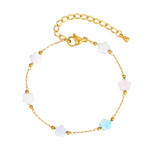 Wholesale Trendy Stainless Steel Bracelets Chain Women Gold Stainless Steel Colorful Flower Beaded Bracelet