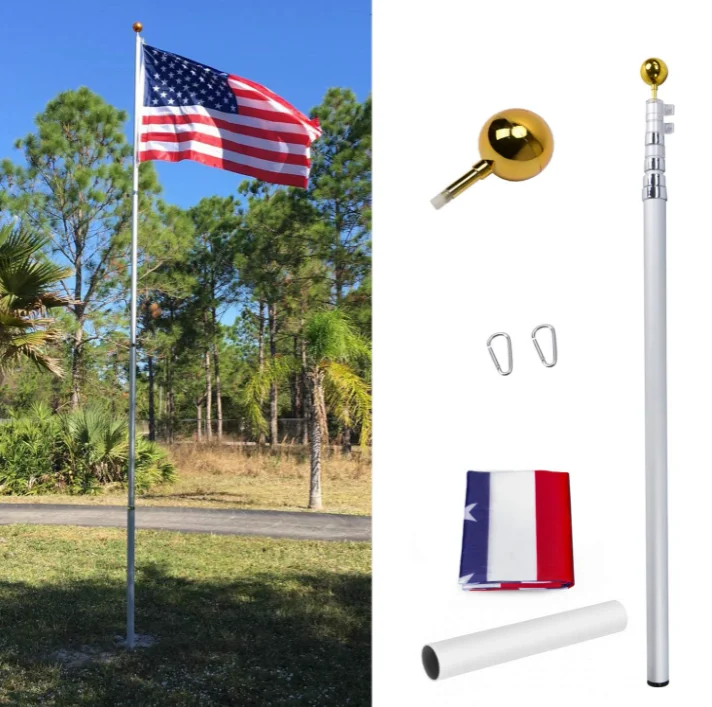 25/30Ft Aluminum Flag Pole Telescopic Flagpole Kit US Flag Can Fly 2 Flags 