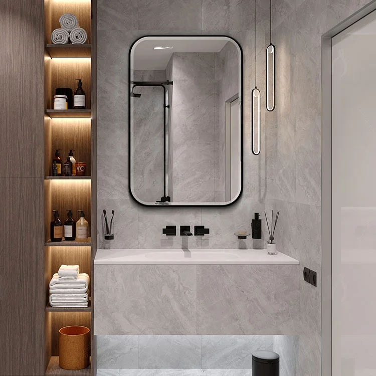 FULSUN Plastic Bathroom Mirror Medicine Cabinet with Black Metal Frame