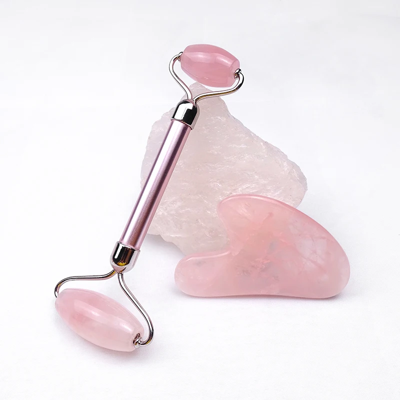 2021 Новое поступление 100% натуральный Кристальный камень для лица розовый кварц массажный нефритовый валик Гуаша набор
