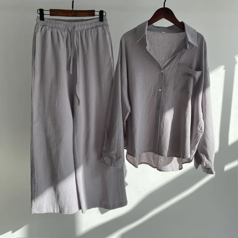 Women Cotton Linen Shirt Two Piece Sets Casual Solid Long Sleeve