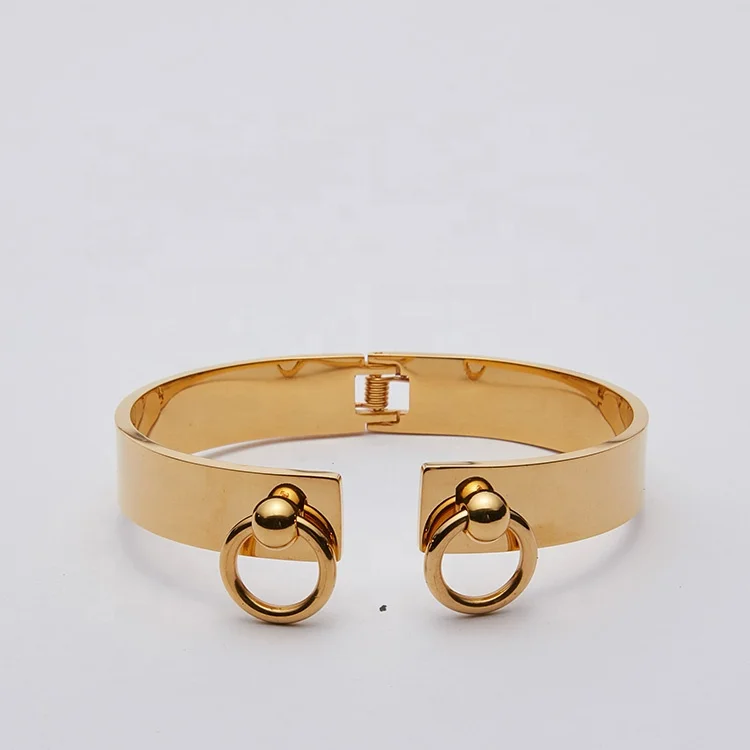 18K Gold Plated Stainless Steel Jewelry Double Round Ring Open Bangles Cuff Bracelets B8775