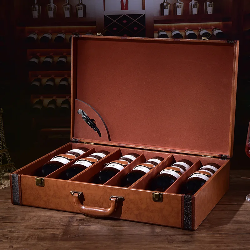 Custom Printed Modern Style PU Leather & Wood Wooden Gift Packaging Boxes for 1/2/4/6 Bottle Wine Box
