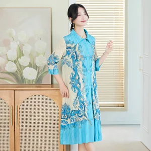 2026 Spring Collection Women's Age-Reducing Western Style Dress Miyake Printed National Floral Long Pleated Shirt Dress
