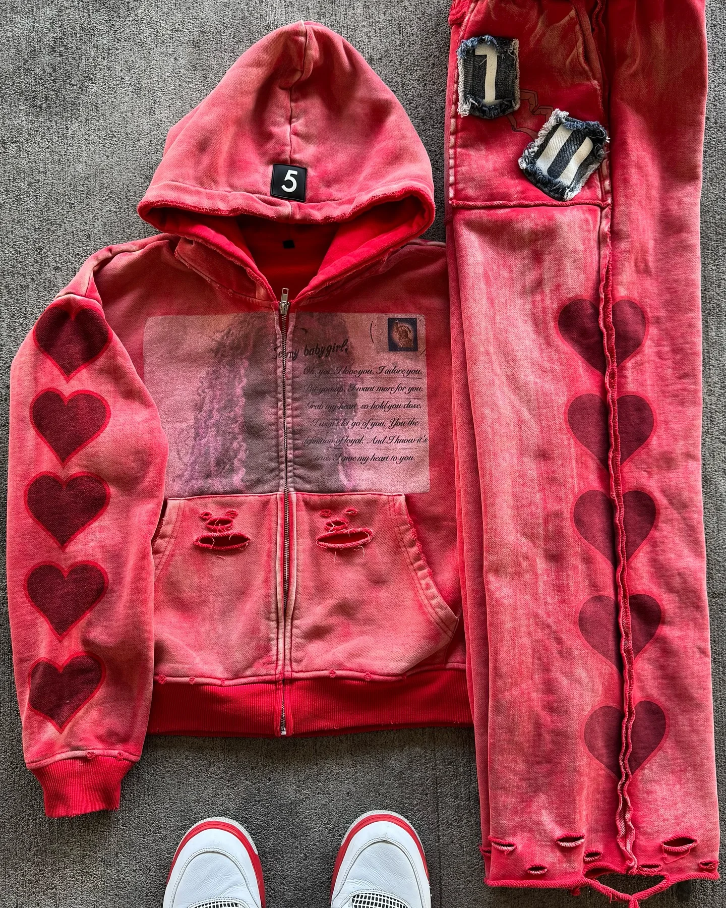 Cotton Hoodie Sets Print Distressed Hole Reverse Stitching Acid Wash Hoodie Applique Embroidery Sweatpants and Hoodie Set