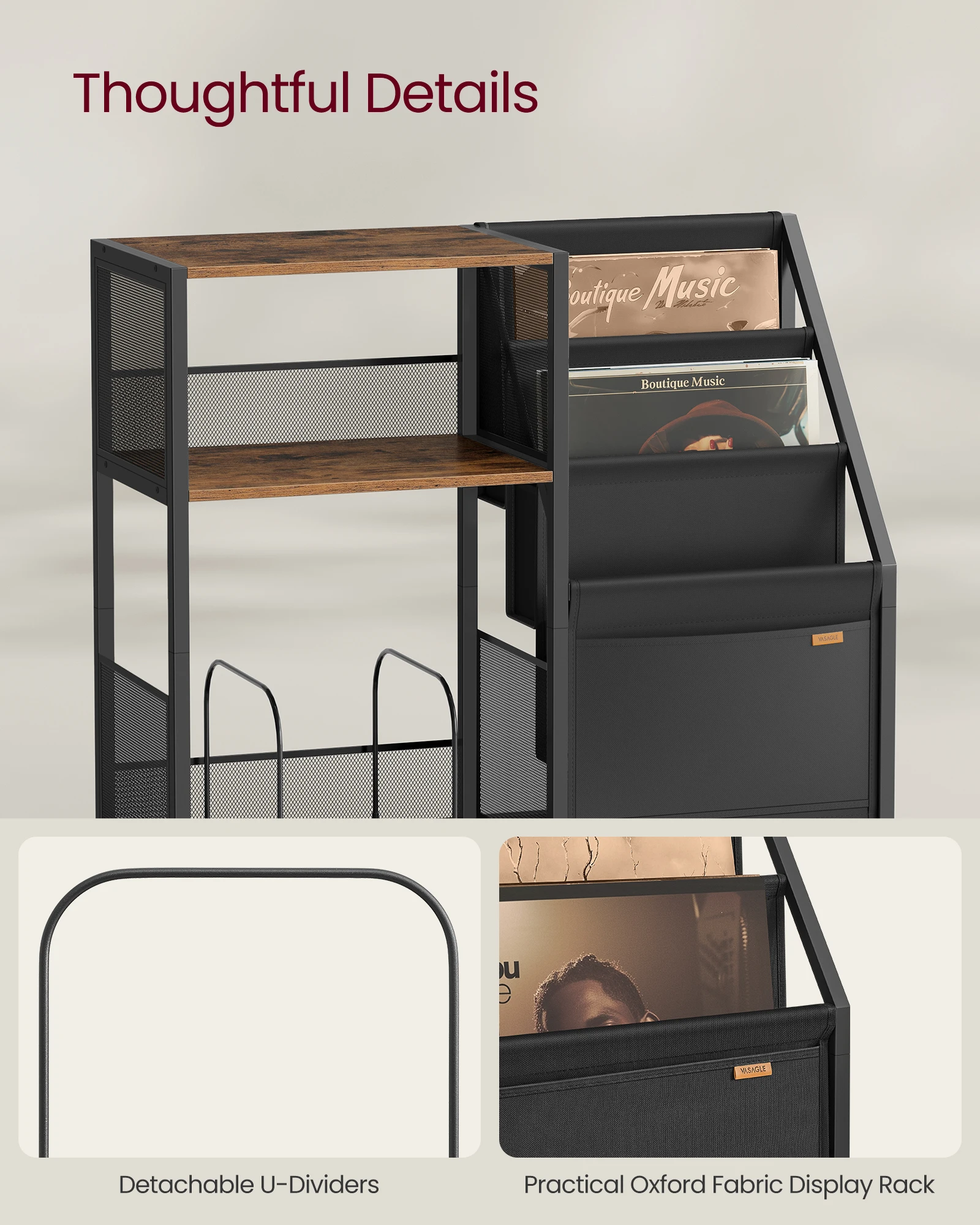 VASAGLE Wood Record Player Stand with Vinyl Record Storage 3-Tier Record Player Stand for 140 Albums