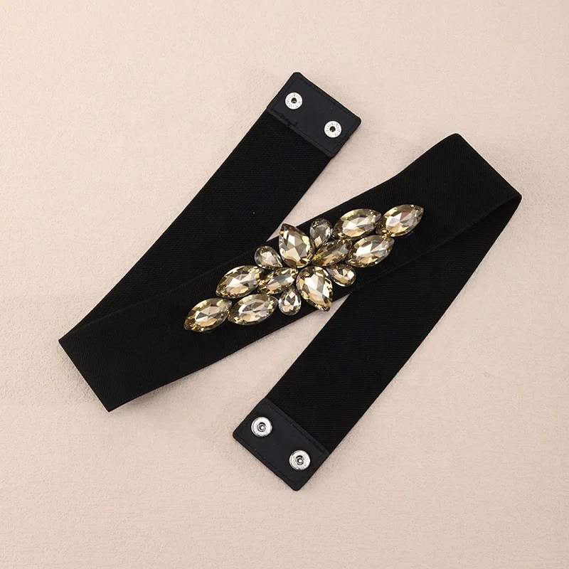 3113 Black Stretch Belt Rhinestone Flower Women Belts Crystal Wide Fashion Womens Crystal Flower Elastic Belt Waistband-Black – WAAMII main image 3