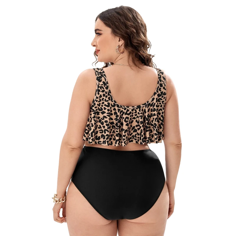 Eco Friendly Recycled Nylon Swimwear Plus Size Women Leopard Printed Ruffle Top High Waist Bottom Bathing Suit