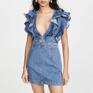Deep V Neck Denim Wrap Sexy Ruffle Dress Women Summer Casual Dresses