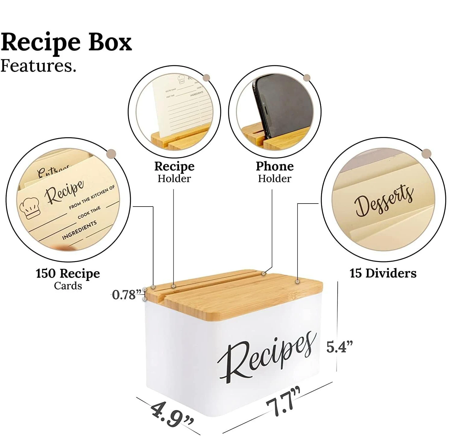 Metal Recipe Box With Cards And Dividers White Metal Body,Wooden Lid