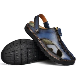 Мужские пляжные сандалии без шнуровки, кожаные прочные сандалии ручной работы, Нескользящие, для прогулок и пляжа
