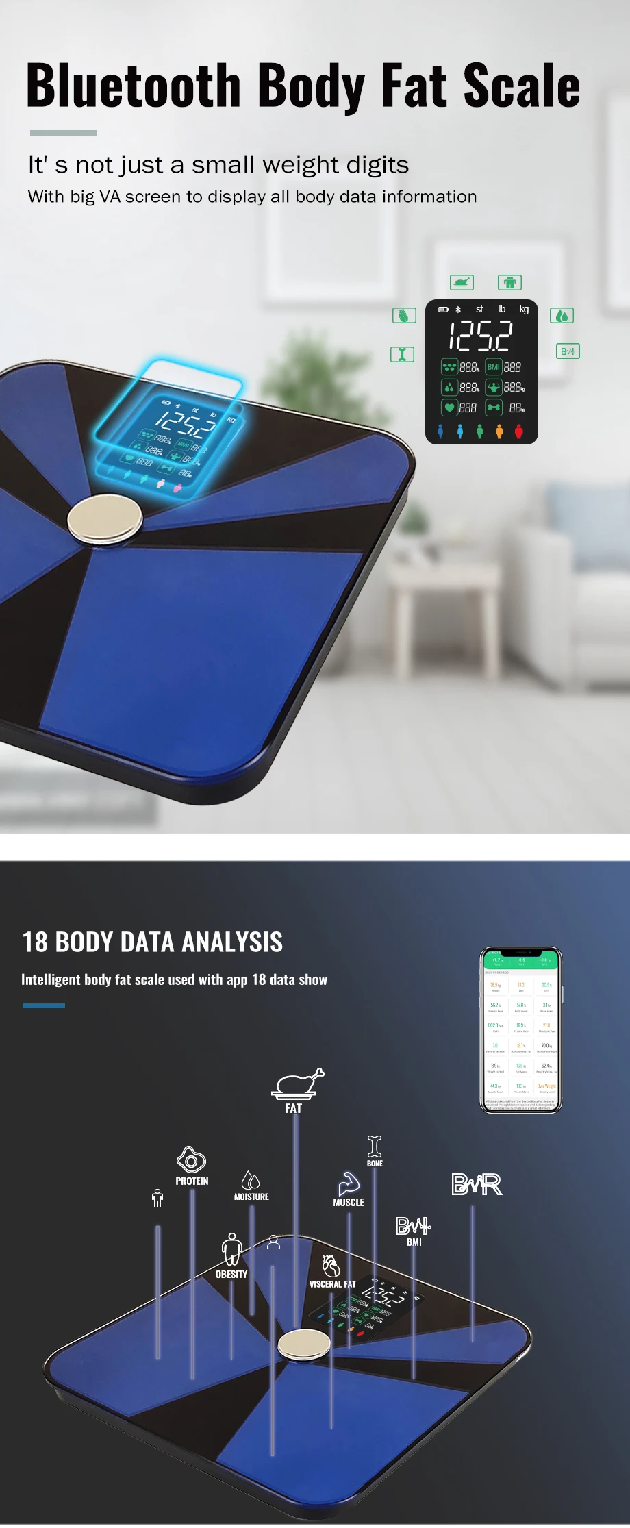 Leaone High Accurate Scales Big Va Black Body Fat Scale Digital Bmi