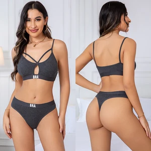 OEM factory custom wholesale 100% cotton women's bra set hollow sports bra breathable sexy thong set.