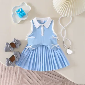 Summer Casual Two-Piece Set for Baby Girls Cross-Border Print Pattern Jacket with Pleated Skirt Bow Detail Clothes for Kids