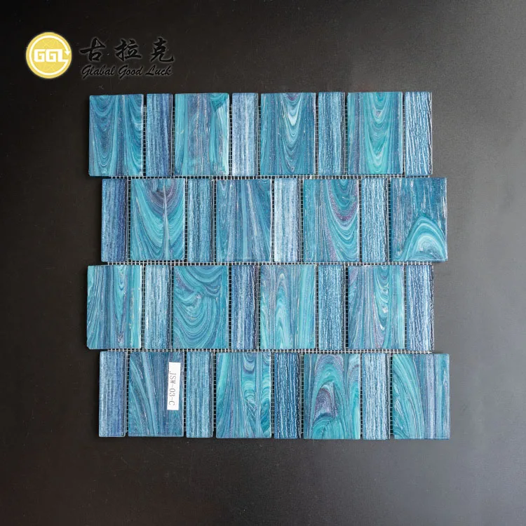 New Design 6mm Glass Mosaic Tile Shiny Blue Color Glass Swimming Pool Mosaic Tile for Shower Bathroom factory