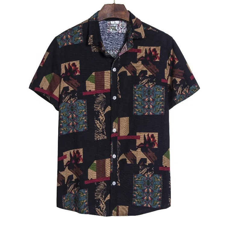 JL-10121 High Quality Breathable Beach Linen Shirt Men Round Bottom Casual Hawaiian Print Shirts for Men