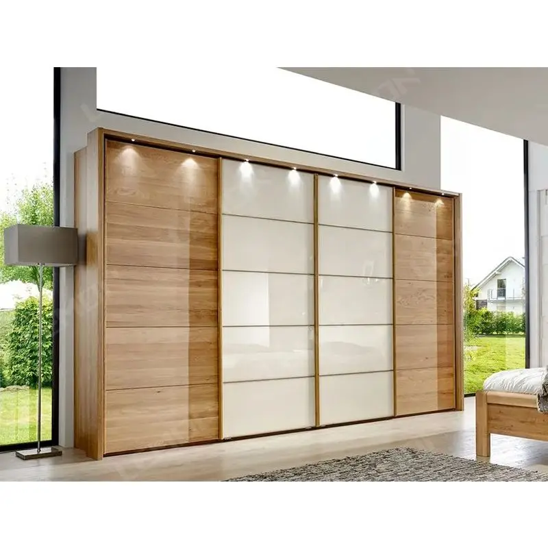 Modern Design High Glossy Sliding Door Wood Grains Large Storage Wardrobe Clothes Organizer Wardrobes Closet