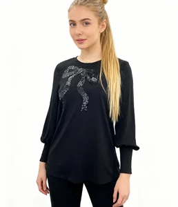 Women's Spring/Autumn Knitted Soft Stretch High Quality Fashion Big Bow Sequins Embroidery Long Sleeve Pullover Plus TOP