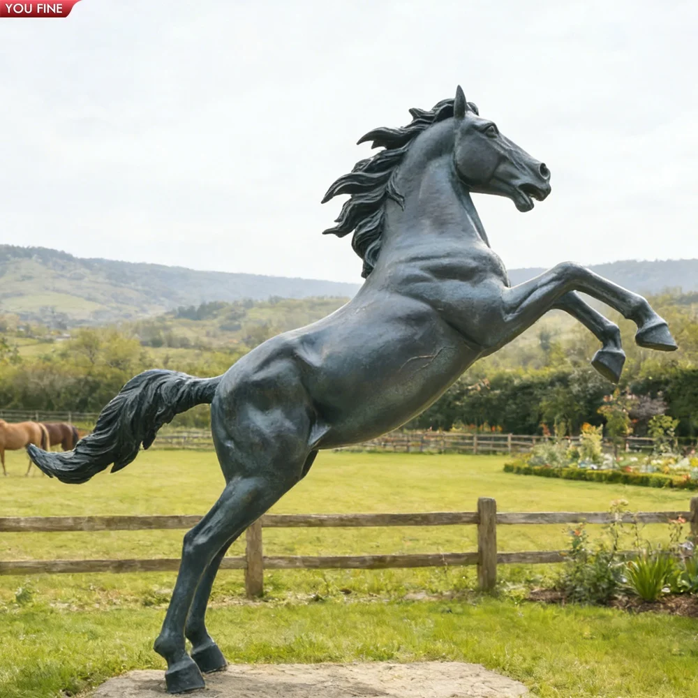 YOUFINE Bronze Rearing Horse Sculpture Dynamic Outdoor Decor for Garden Villa Plaza