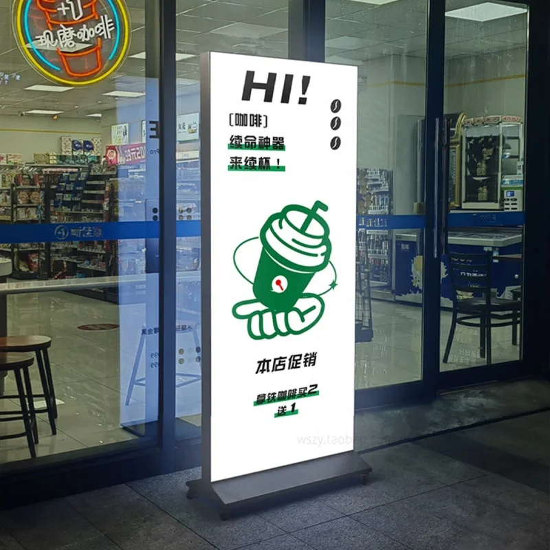 Soft Film Canvas Light Box for Street Vending, Outdoor Vertical LED Luminous Poster Stand, Floor-standing Mobile Signboard