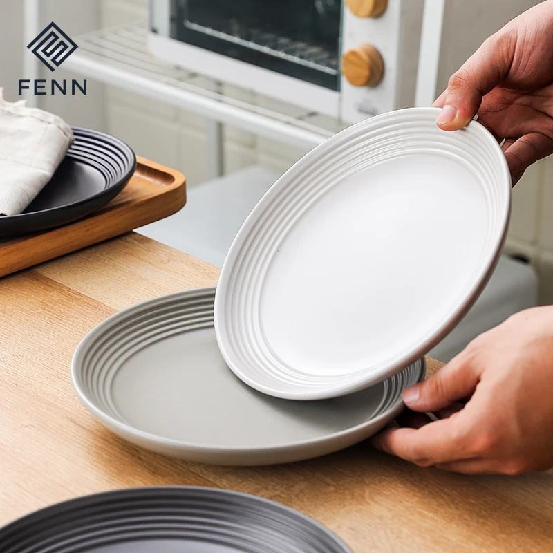 FENN factory direct modern black/gray/white matte ceramic charger dinner plate for pasta pizza steak dishes plate for restaurant