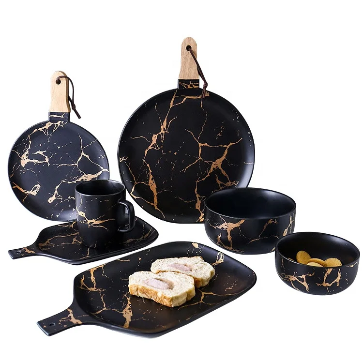 Creative Golden Marbling Matte Porcelain Tableware Set Black Color Dinner  Set