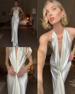 Satin Deep V Neck Backless Sexy Maxi Dress Women Elegant Halter Sleeveless Lace-up High Waist Draped Ruched Long Dress