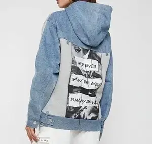 Women's Unisex Denim Hoodie Terry Fabric Eco-Friendly Casual Fashion Graphic Print Patchwork Sweatshirt with Custom Logo Options