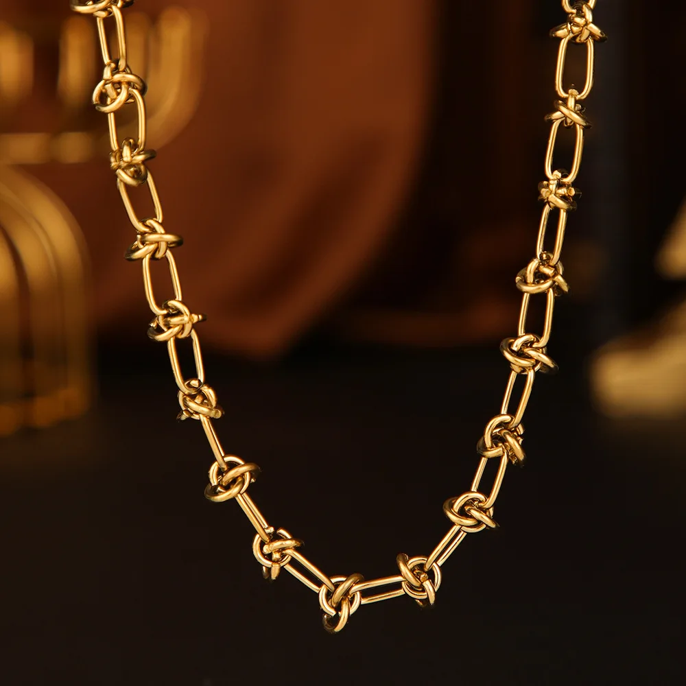 Exaggerated Style 14K Gold Plated Titanium Steel Knotted Link Chain Necklace for Punk Women
