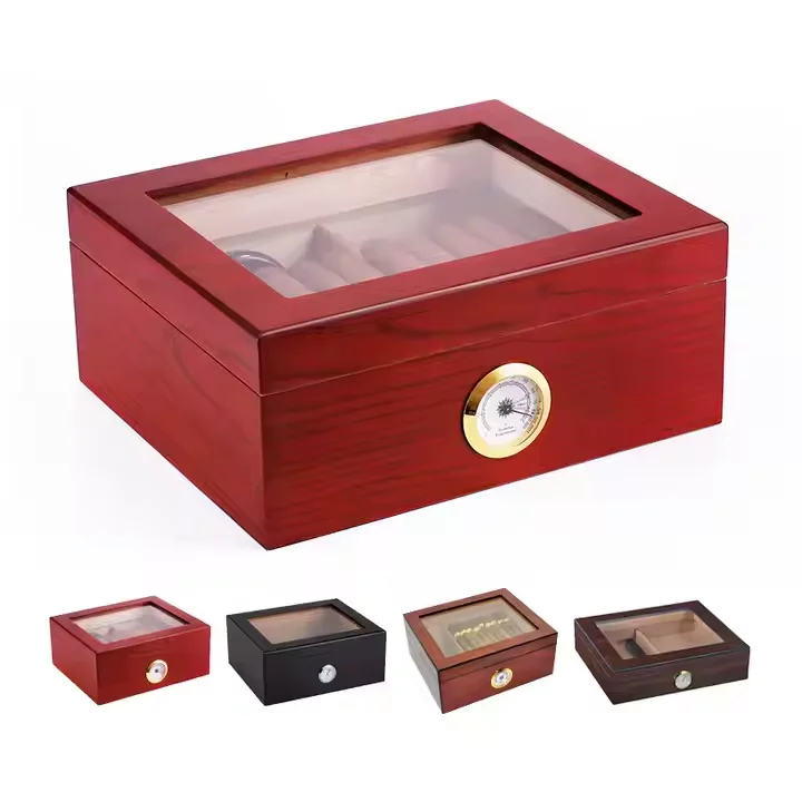 202412 Custom Wooden Cedar Cigar Boxes with Hygrometer Lock Cabinet Wholesale Wooden Luxury Zipper Display Storage Cigar Box