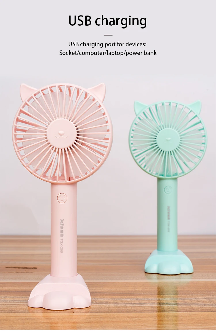 USB Rechargeable Mini Desk Fan with 3 Speeds Cute Kitty Handheld 