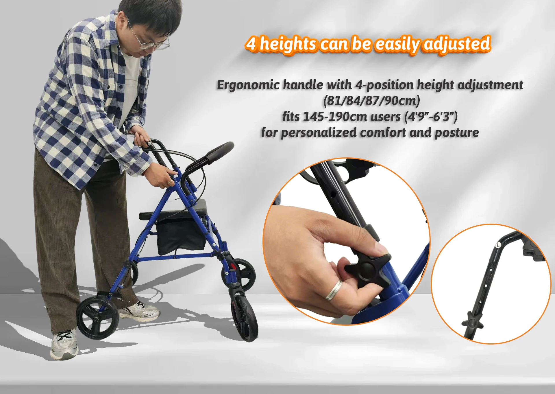 product foldable steel big 4 wheel rollator walker for elderly walker adults walking aids rollator walker-7
