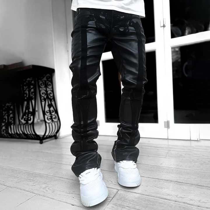 Salati Custom Casual Vintage Streetwear High Waist Slim Fit Pu Flare Sweat Trousers Faux Leather Stacked Men's Pants gallery 6