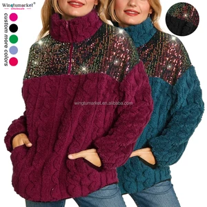Wholesale Outerwear Woman Half Zip Pullover Multi Color Sparkle Comfy Cable Plush Fleece Sequin Sherpa Sweatshirt for Women