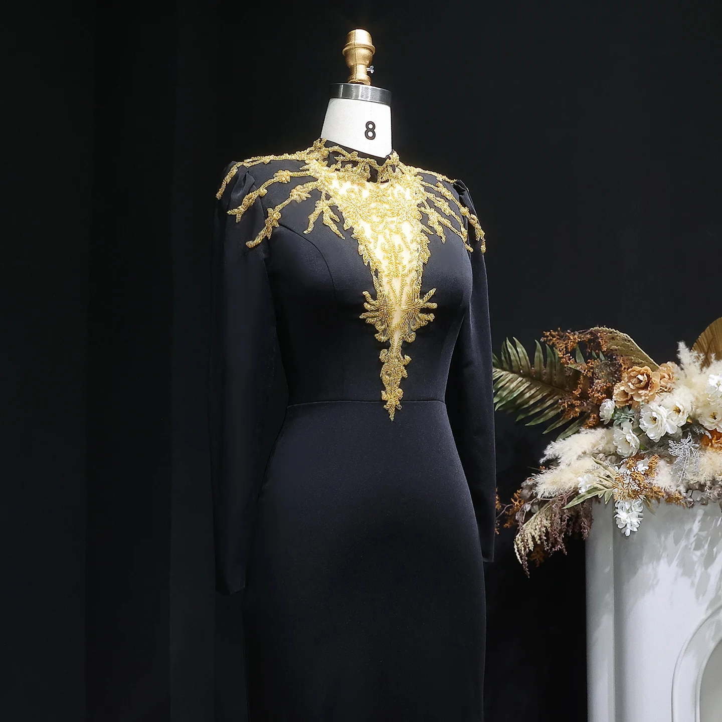 plus size all black dress Gold Puffy Sleeves V-Neck Sequins Bodice Ball Gown Prom Dress